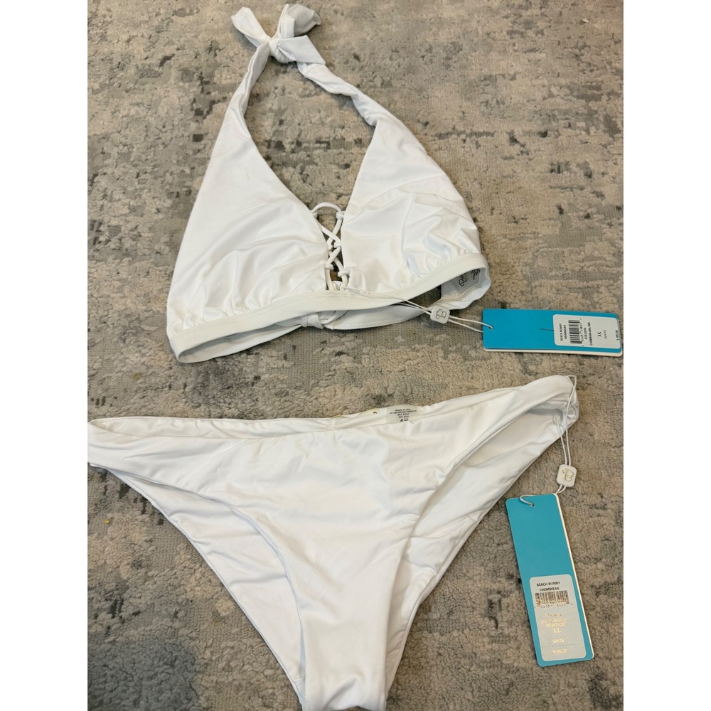 Beach Bunny Cameron Halter Bikini Set White Lace Up Ruched 3X B18128T4 New